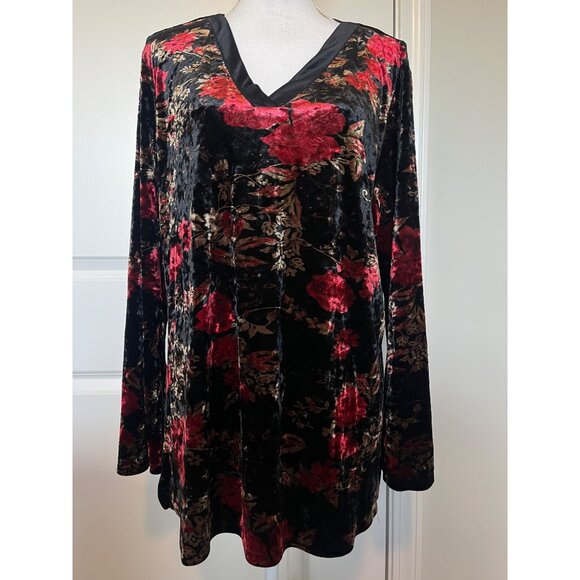 Venezia Womens Floral Velour Top Sz 18/20 V-Neck Black Red Stretchy Long Sleeve - Picture 1 of 7